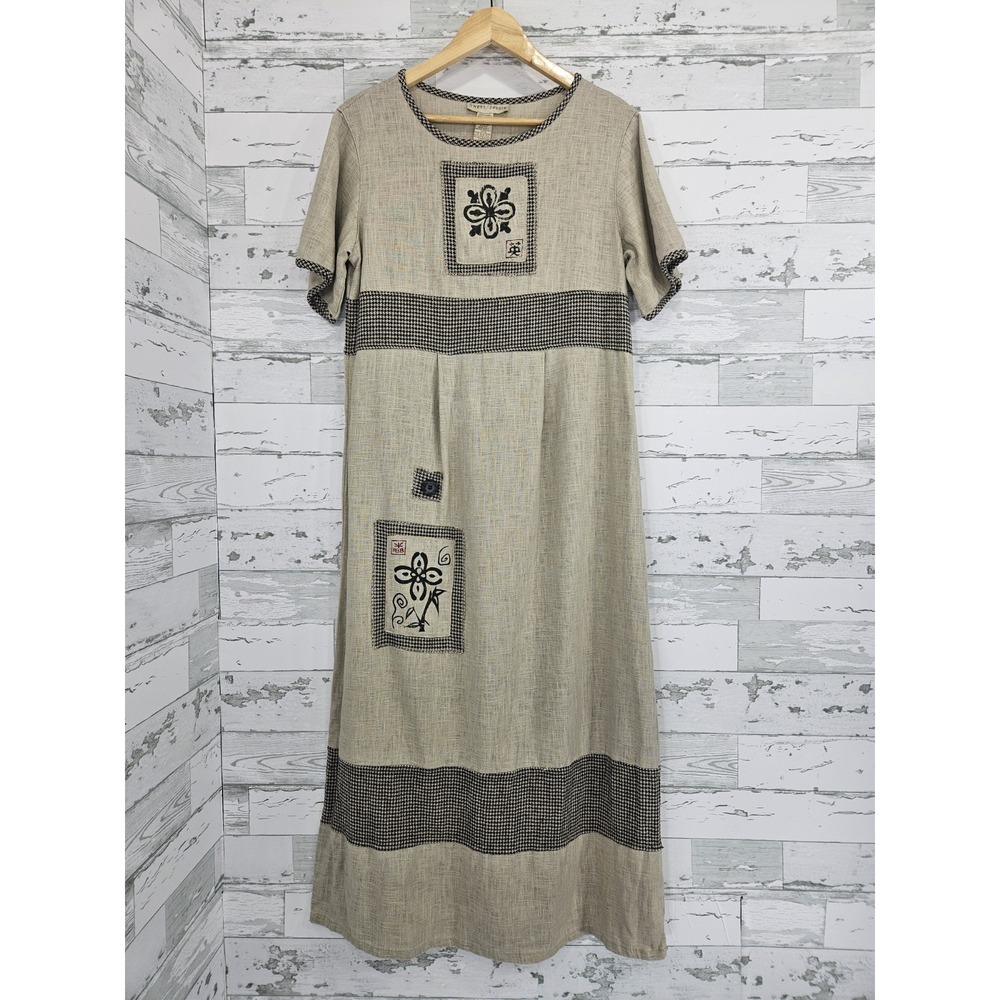 Vintage Sweet Jessie Womens Small Linen Maxi Dress Artsy Patch Natural